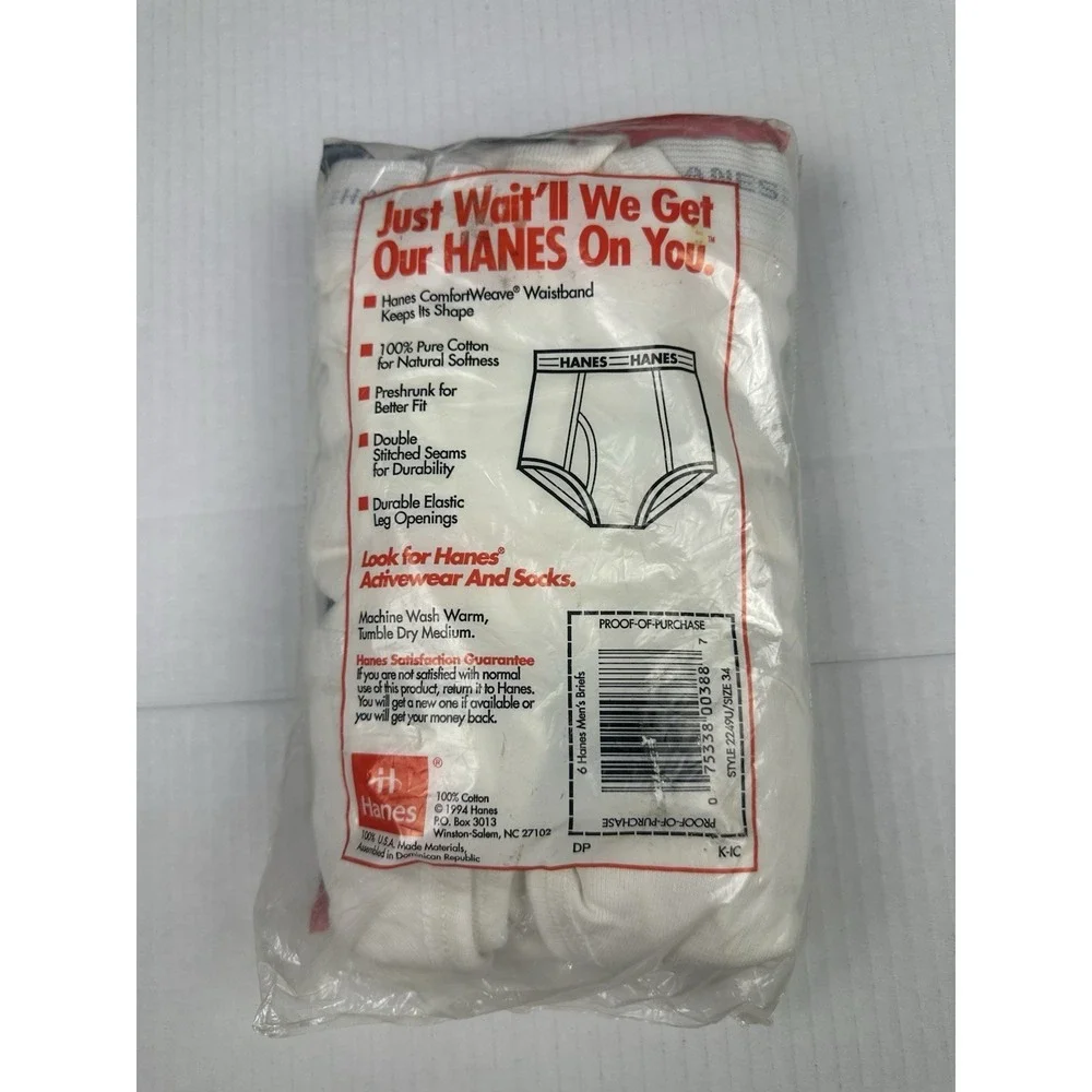 VTG Hanes Briefs Mens Size 34 White Cotton Pack of 6 New Old Stock Package 1994